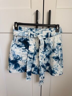 AMUR Blue & White Tie-Dye Mini Skirt with Self Tie Belt